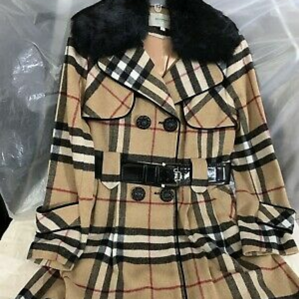 ISO Burberry Fur Wool Nova Check Coat with Belt